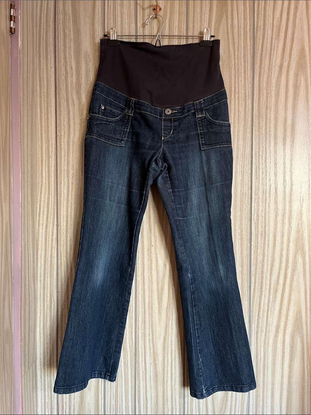 Thyme Maternity Dark Wash Flare Jeans with Black Belly Panel